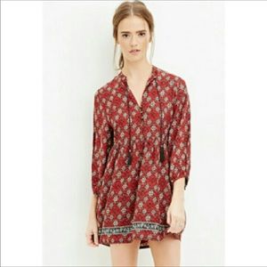 Dark Red Wine Burgundy Floral Cotton Boho Smock Dress Medium